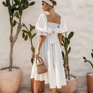 Boho White Puff Sleeve Midi Dress